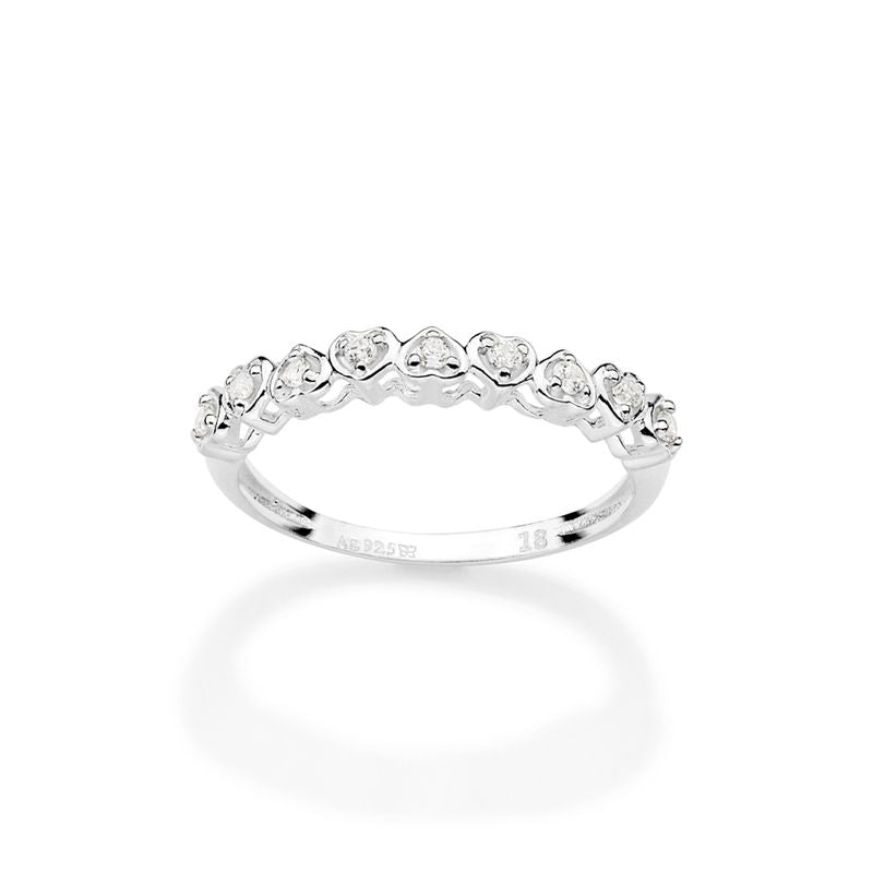 Anillo fino con corazones en plata de ley 925 maciza y circonita cúbica.